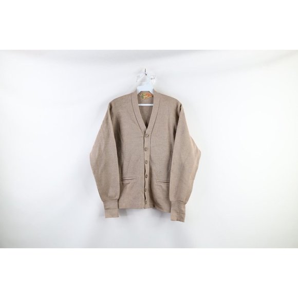 Vintage 30s 40s Mens Medium Thrashed Wool Knit Button Cardigan Sweater Beige USA